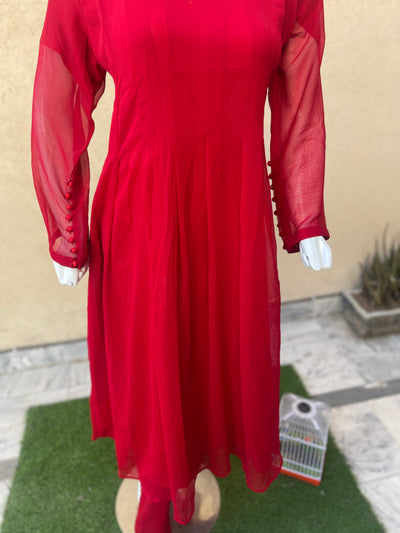 3-Piece Shafoon Red Frock with Cotton Trouser and Shafoon Dupatta LL0895