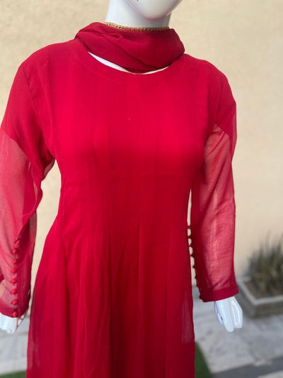 3-Piece Shafoon Red Frock with Cotton Trouser and Shafoon Dupatta LL0895