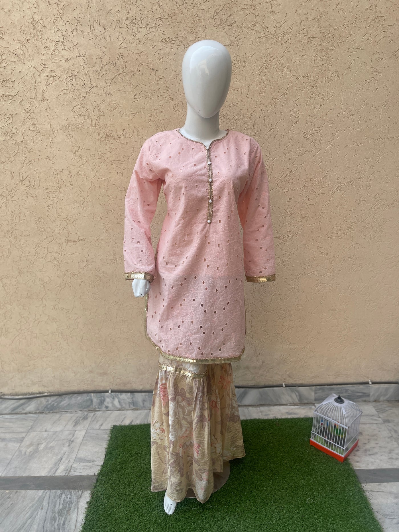 2-Piece Peach Chikenkari Shirt with Gharara LL0894