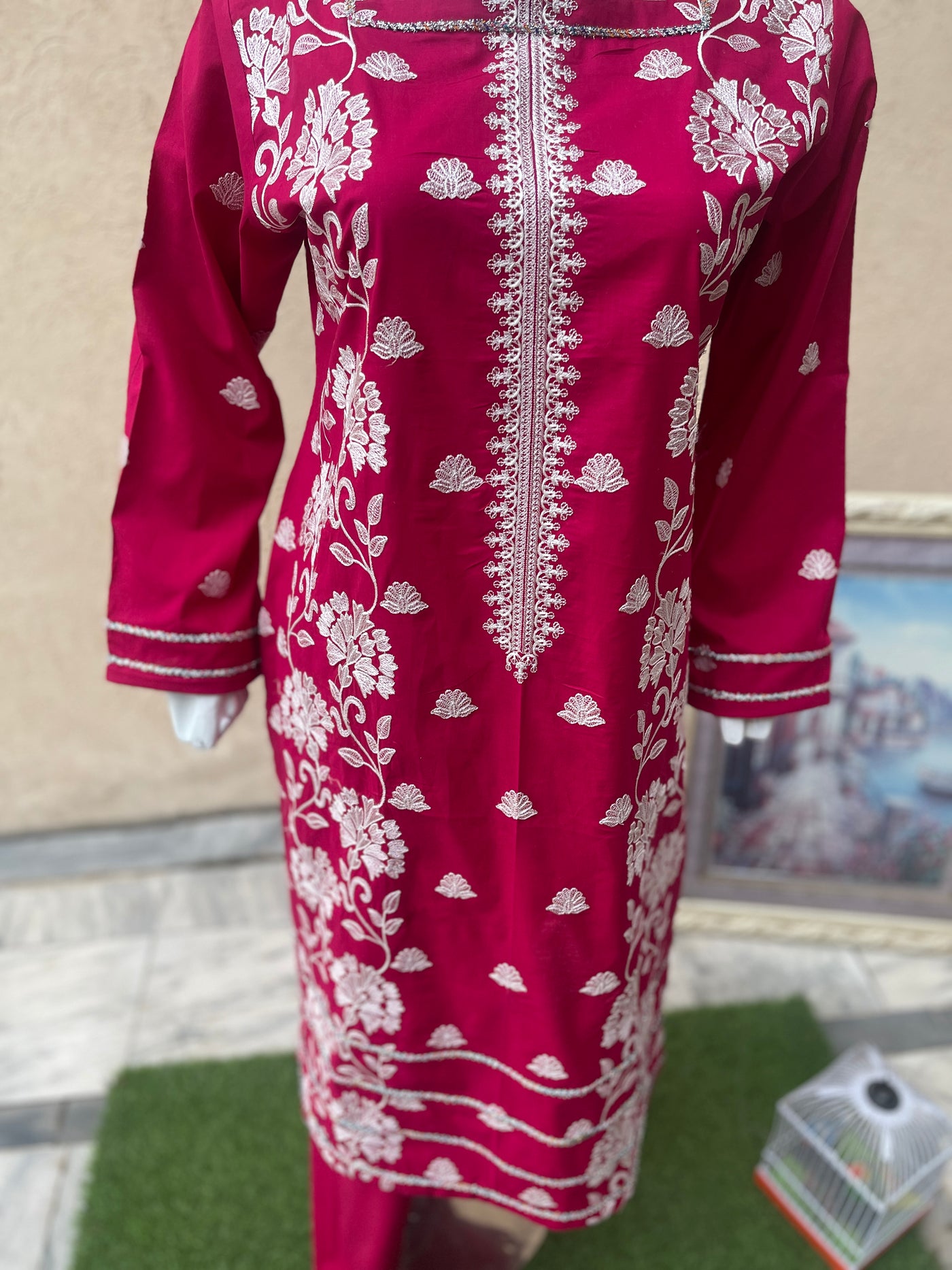 2-Piece Shocking Pink Sequence Work Lawn Suit - LL0862