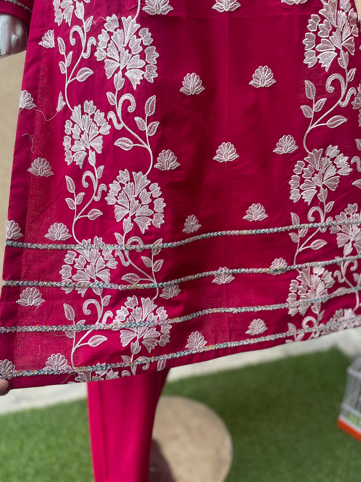 2-Piece Shocking Pink Sequence Work Lawn Suit - LL0862