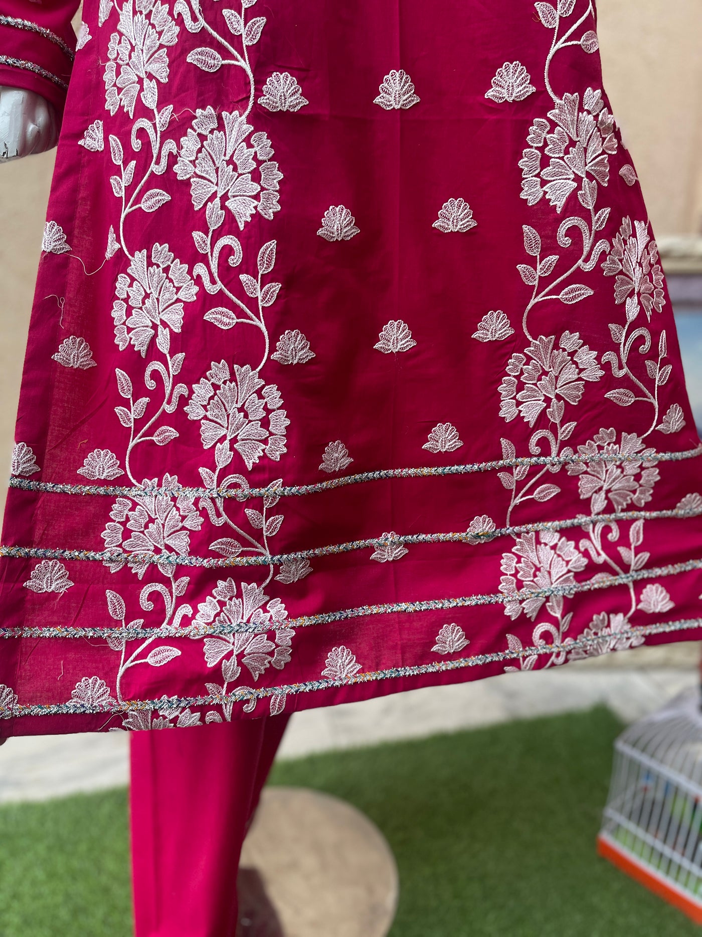 2-Piece Shocking Pink Sequence Work Lawn Suit - LL0862