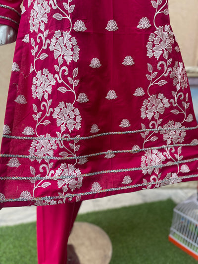 2-Piece Shocking Pink Sequence Work Lawn Suit - LL0862