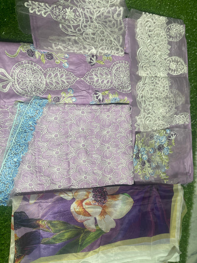 Unstitched - 3pc Light Purple Chikenkari with Silk Dupatta LL0889