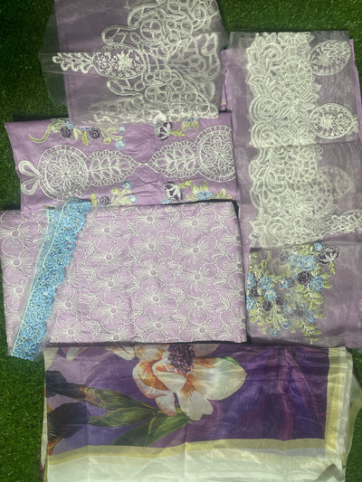 Unstitched - 3pc Light Purple Chikenkari with Silk Dupatta LL0889