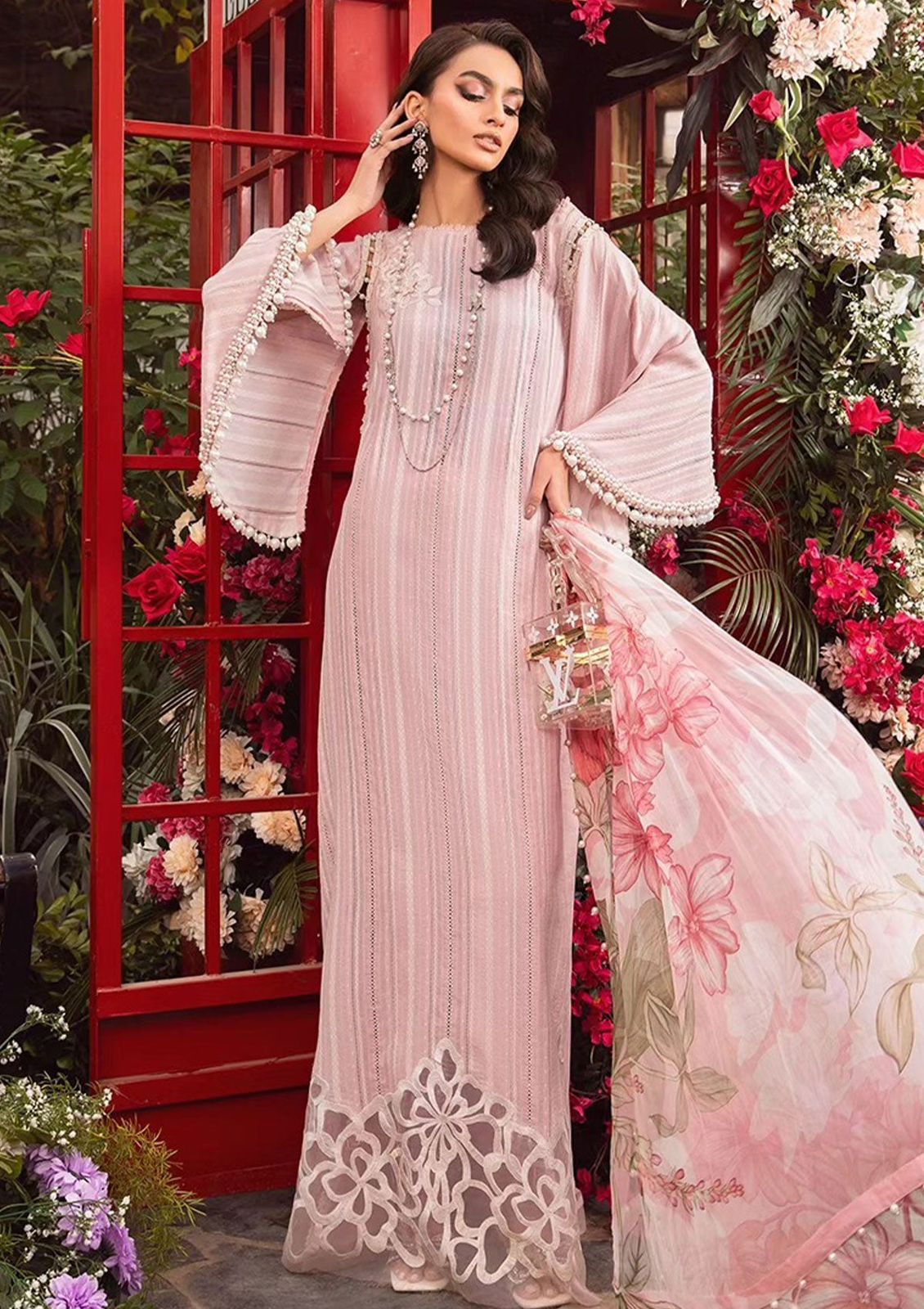 Unstitched - 3pc Peach Lawn suit with patch work LL0882