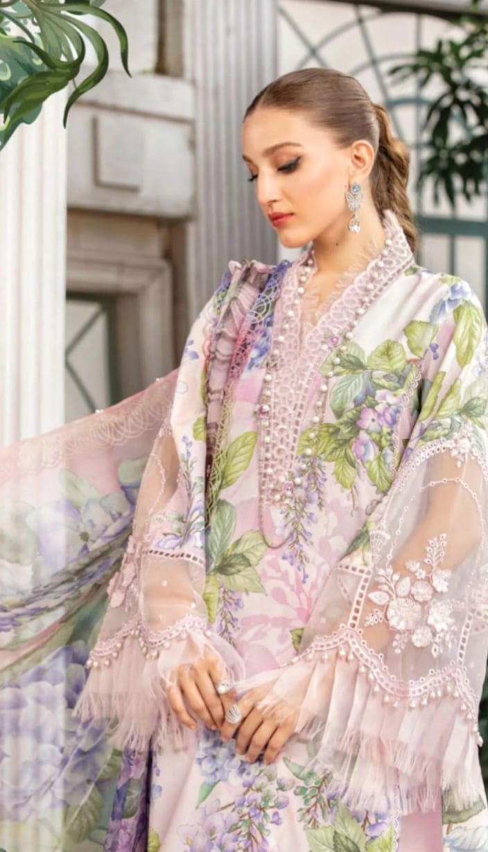 Unstitched - 3pc Pink Lawn suit with patch work LL0883