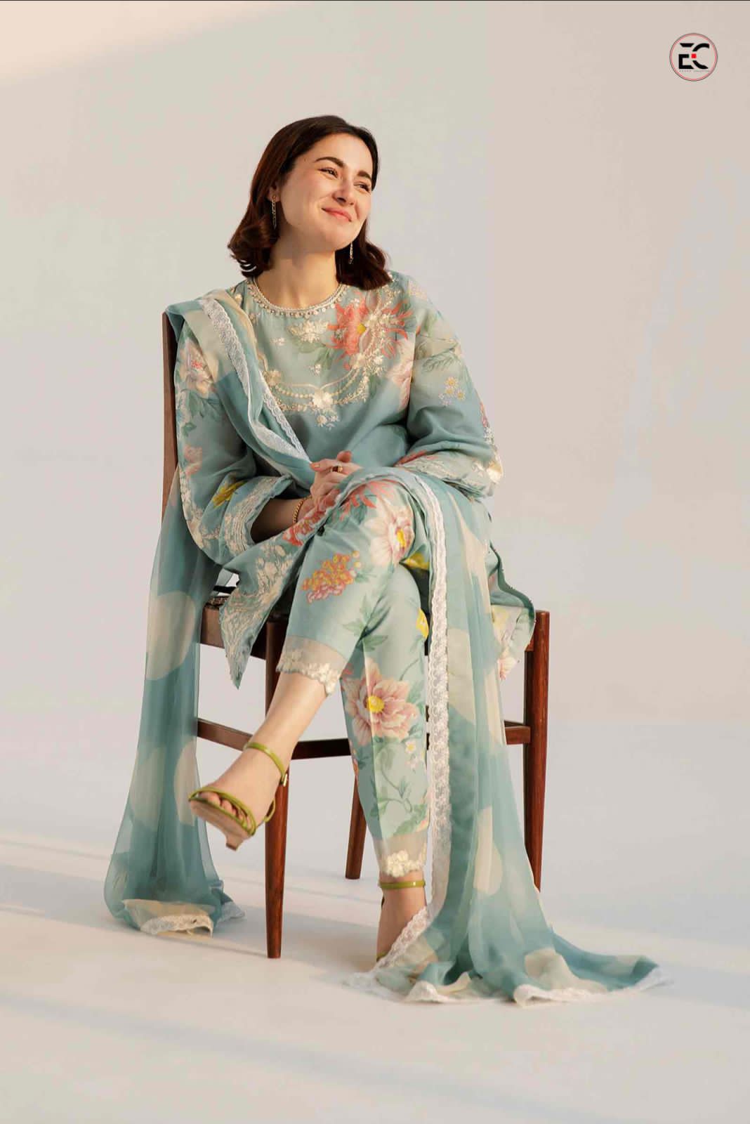 Unstitched - 3pc Aqua Lawn suit with patch work LL0884