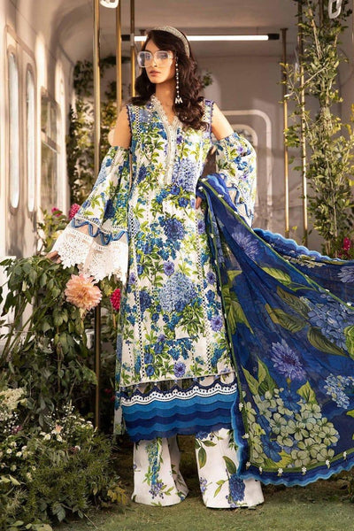 Unstitched - 3pc Blue Floral Print Lawn Suit with Patch work LL0886