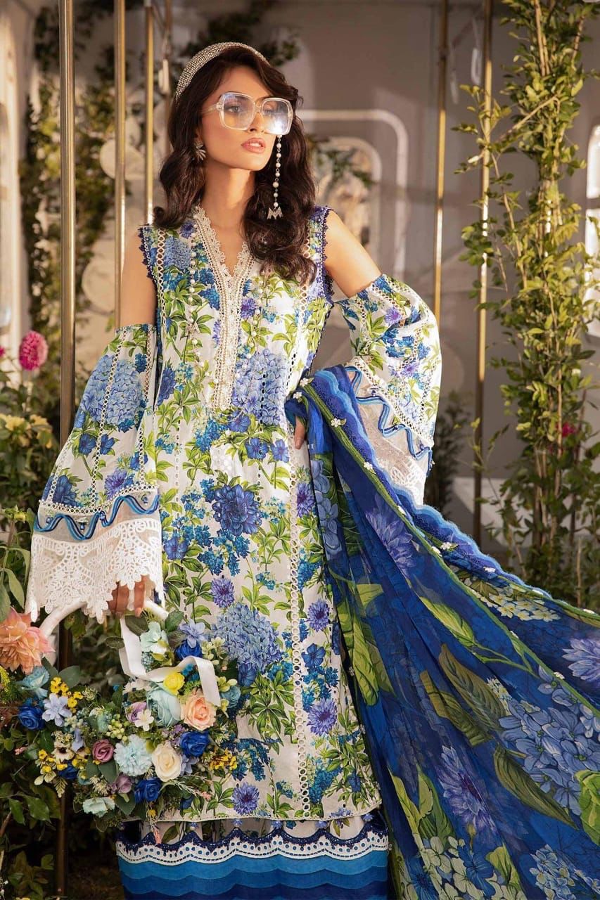 Unstitched - 3pc Blue Floral Print Lawn Suit with Patch work LL0886