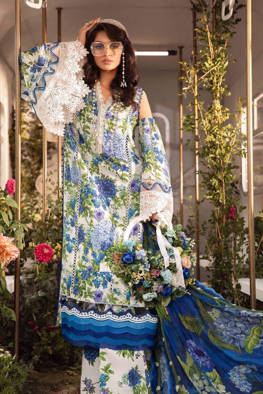 Unstitched - 3pc Blue Floral Print Lawn Suit with Patch work LL0886