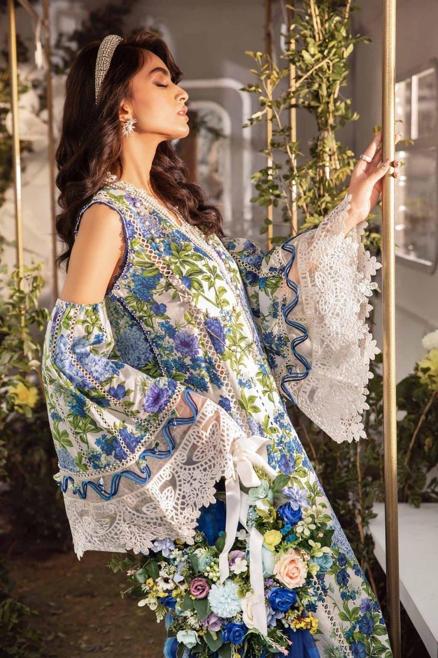 Unstitched - 3pc Blue Floral Print Lawn Suit with Patch work LL0886