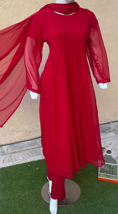 3-Piece Shafoon Red Frock with Cotton Trouser and Shafoon Dupatta LL0895