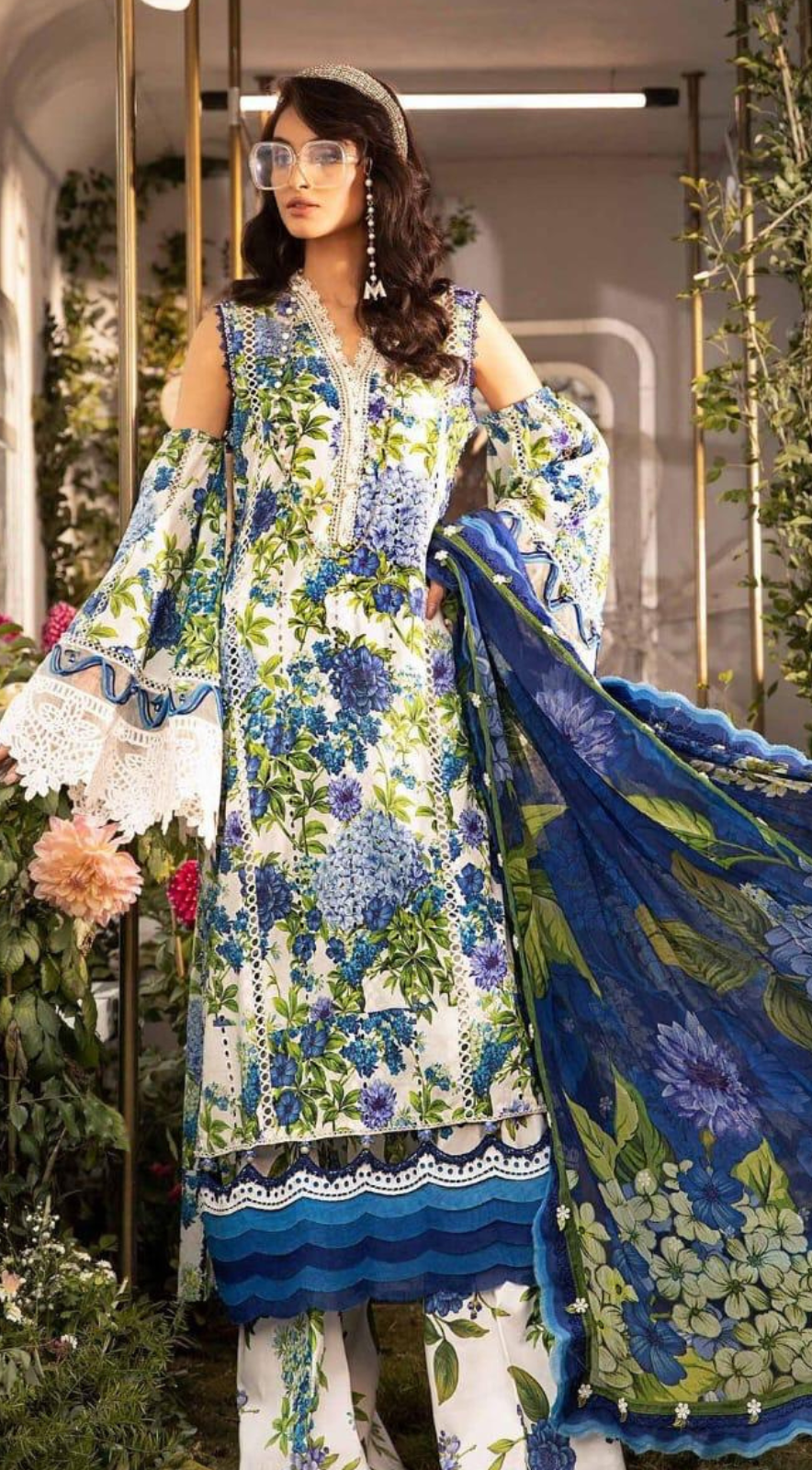 Unstitched - 3pc Blue Floral Print Lawn Suit with Patch work LL0886