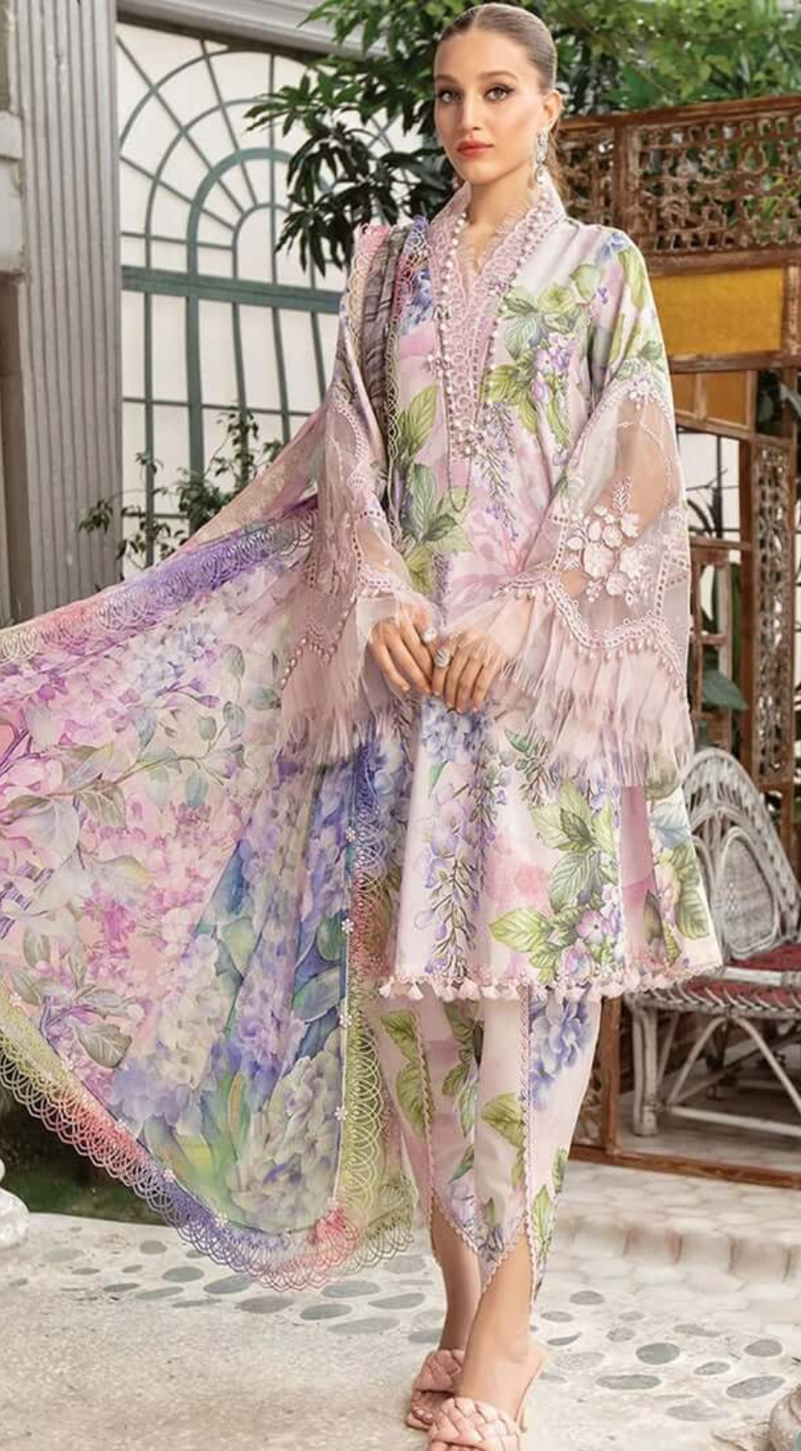 Unstitched - 3pc Pink Lawn suit with patch work LL0883