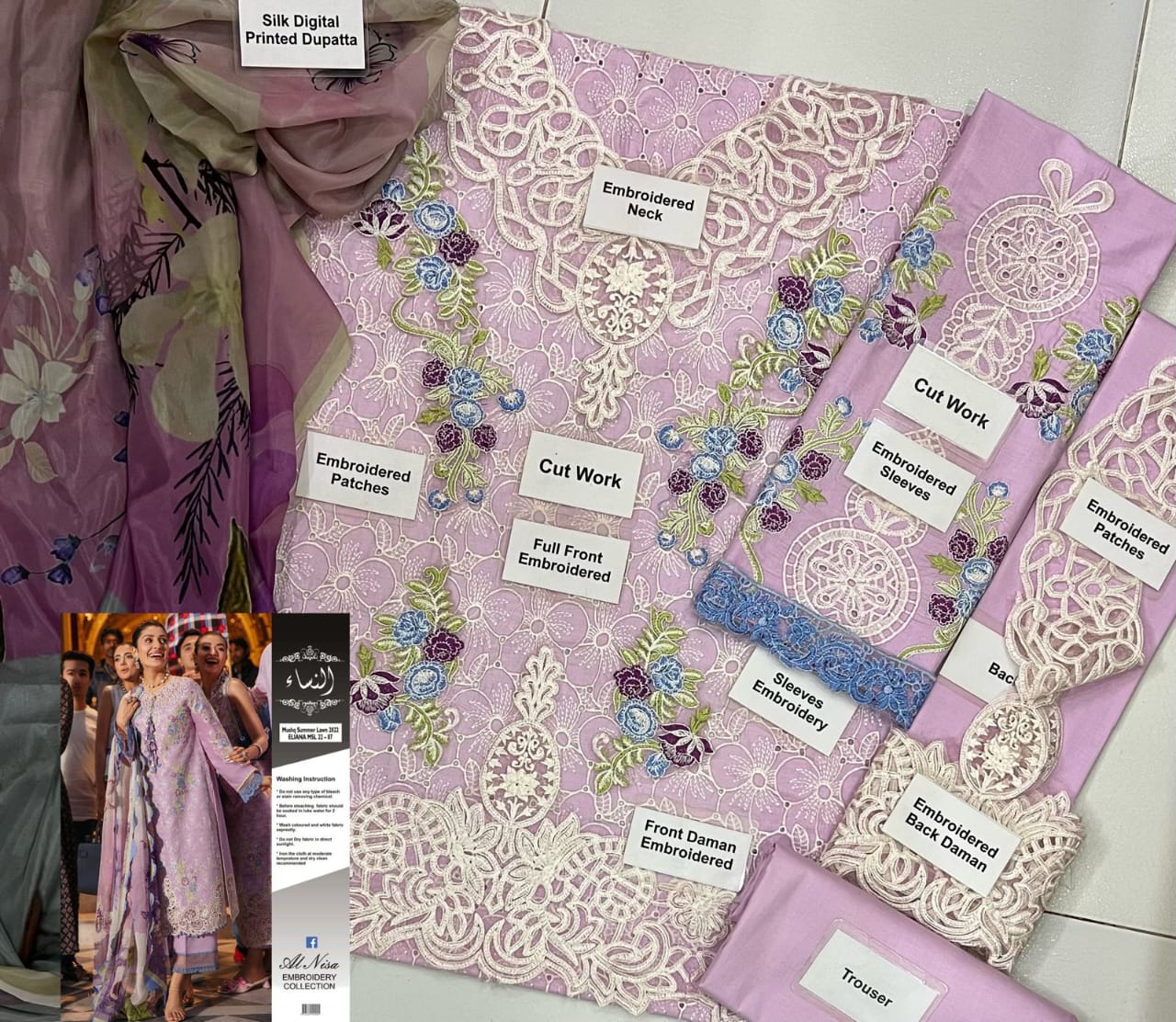 Unstitched - 3pc Light Purple Chikenkari with Silk Dupatta LL0889